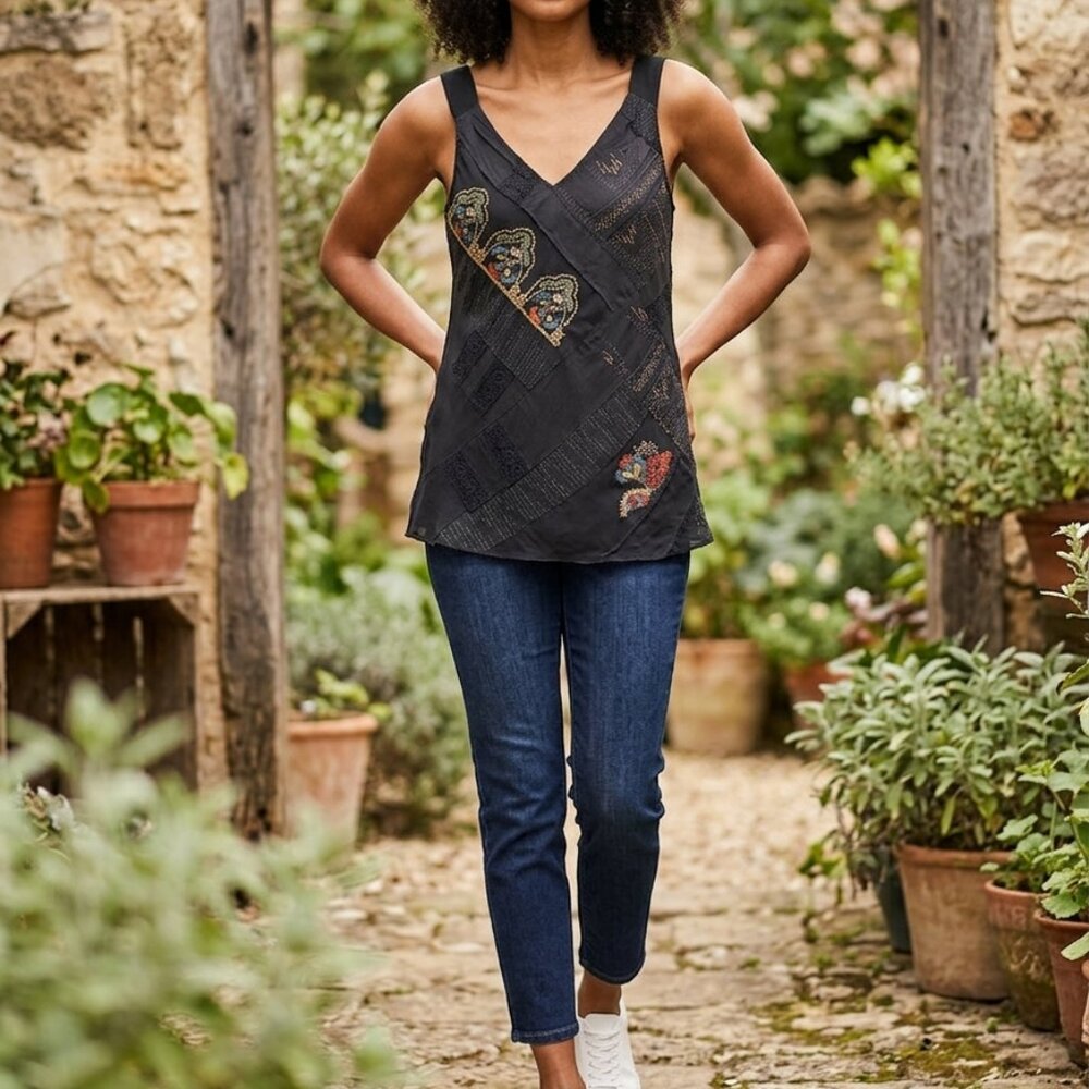 Black Sleeveless V-Neck Tank Top with Embroidered Accents